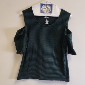 City Streets Dark Green Striped Cold Shoulder Blouse